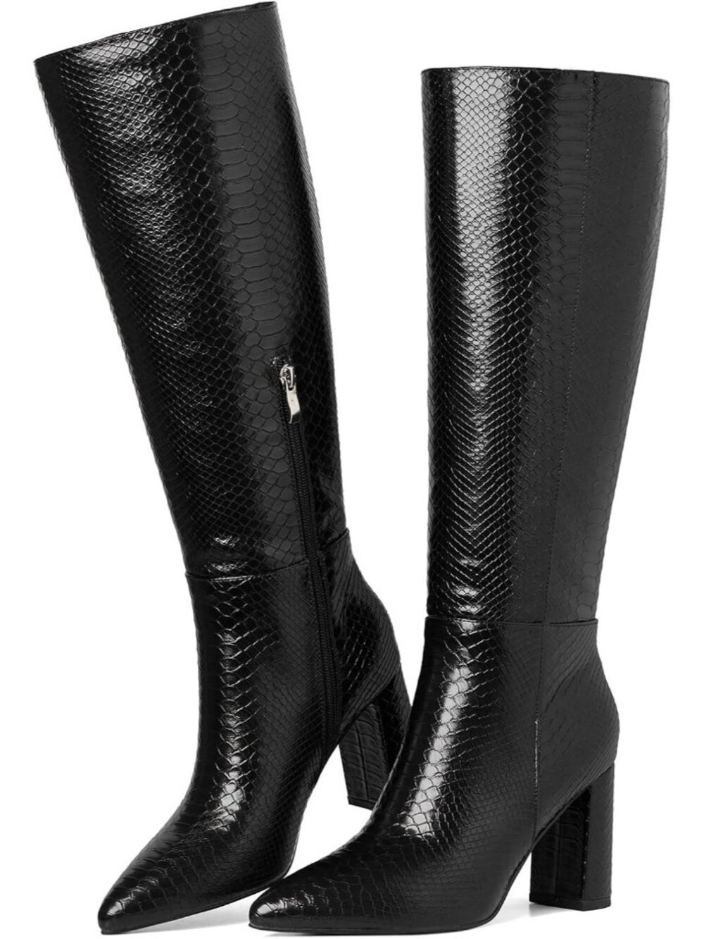 Women's Black Chunky Heel Wide Calf Pointed Toe Side Zip Tall Knee High Boots